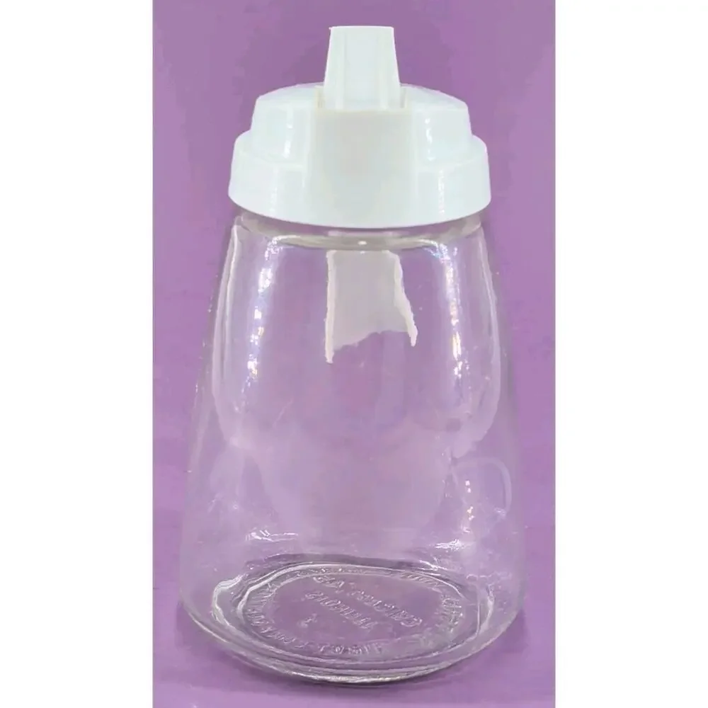 Vintage Federal Housewares Glass W/White Lid Handle Syrup Sugar Dispenser Jar